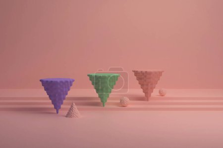 Téléchargez les photos : Abstract background, mock up scene with beige-pink, green and purple pixelated cone podiums on beige-pink background and stairs. 3d rendering. - en image libre de droit