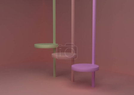 Téléchargez les photos : Abstract background, mock up scene with beige-pink, green and purple cylinder podiums attached to vertical beams on beige-pink background. 3d rendering. - en image libre de droit