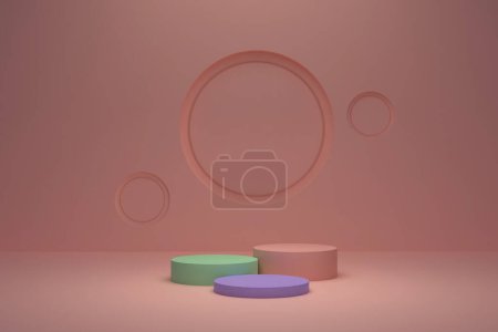 Téléchargez les photos : 3d rendering. beige-pink, green and purple cylinder podiums on beige-pink background - en image libre de droit