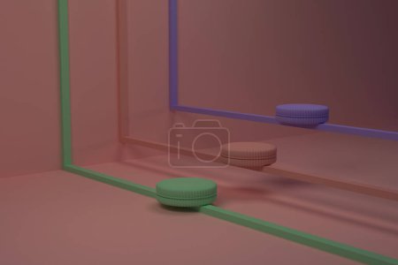 Téléchargez les photos : Abstract background, mock up scene with beige-pink, green and purple cylinder podiums on horizontal beams on beige-pink background. 3d rendering. - en image libre de droit