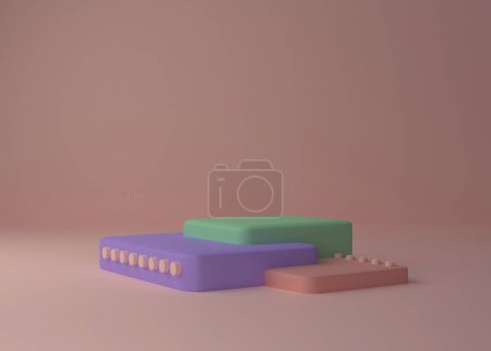 Téléchargez les photos : Abstract background, mock up scene with beige-pink, green and purple cube podiums with beige cylinders  on beige-pink background. 3d rendering. - en image libre de droit