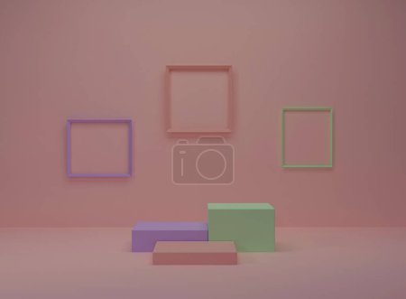 Téléchargez les photos : Abstract background, mock up scene with beige-pink, green and purple cube podiums on beige-pink background. 3d rendering. - en image libre de droit