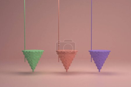 Téléchargez les photos : Abstract background, mock up scene with beige-pink, green and purple cone pixelated podiums on beige-pink background. 3d rendering. - en image libre de droit