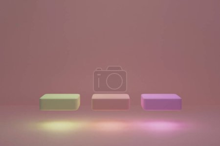 Téléchargez les photos : Abstract background, mock up scene with beige-pink, yellow and purple floating and glowing cube podiums on beige-pink background. 3d rendering. - en image libre de droit