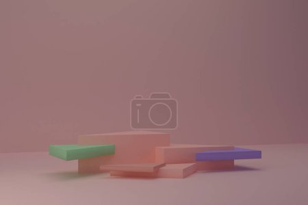 Téléchargez les photos : Abstract background, mock up scene with beige-pink prism podiums with beige-pink, green and purple elements on beige-pink background. 3d rendering. - en image libre de droit