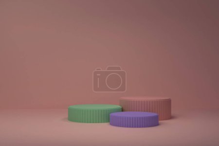Téléchargez les photos : Abstract background, mock up scene with beige-pink, green and purple cylinder podiums on beige-pink background. 3d rendering. - en image libre de droit