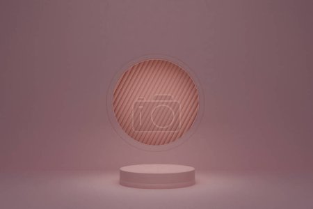 Téléchargez les photos : 3d rendering. Mock scene of beige a cylinder podium on beige background with a glowing circle in the wall - en image libre de droit