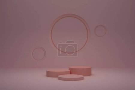Téléchargez les photos : Abstract background, mock up scene with beige cylinder podiums on beige background with circles in the wall. 3d rendering. - en image libre de droit
