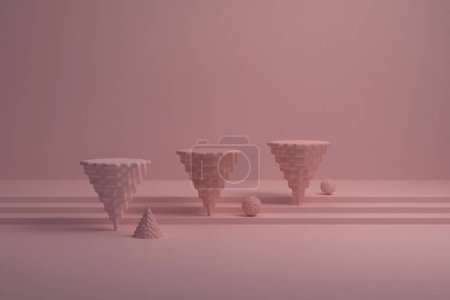 Téléchargez les photos : Abstract background, mock up scene with beige pixelated cone podiums on beige background and stairs. 3d rendering. - en image libre de droit