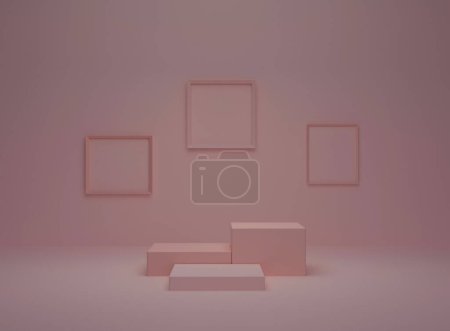 Téléchargez les photos : Abstract background, mock up scene with beige cube podiums on beige background. 3d rendering. - en image libre de droit