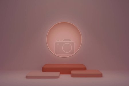 Téléchargez les photos : 3d rendering. Mock scene of beige cube podiums on beige background with a glowing circle in the wall - en image libre de droit