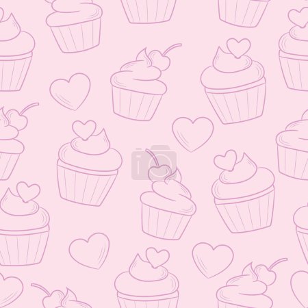 Ilustración de Lindo cupcake línea arte pastel patrón rosa, fondo repetitivo sin costuras - Imagen libre de derechos