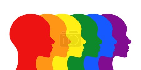 Illustration for Pride vector poster with face silhouettes, pride flag background illustration - Royalty Free Image