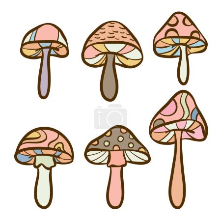 Ensemble d'art rétro psychédélique pour les lèvres aux champignons, collection d'illustrations de champignons fantaisie isolée
