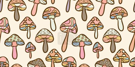 Illustration for Retro groovy mushrooms seamless pattern, colorful vector background design - Royalty Free Image