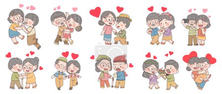set of older couple character illustration, grandparents' day