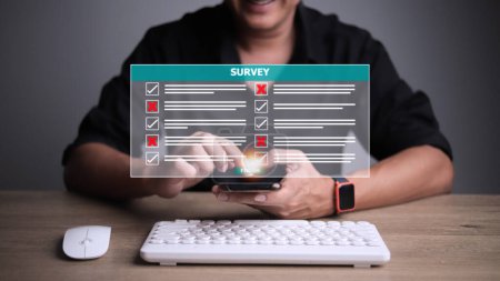 Foto de Survey form concept. Check marks on checklist and Filling online form or answering questions. Customer Experiences and satisfaction concept. - Imagen libre de derechos