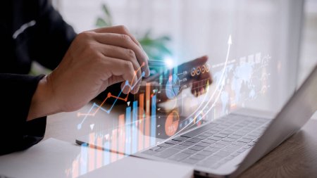 Análisis de datos para el concepto de negocios y finanzas. Interfaz gráfica que muestra la futura tecnología informática del análisis de beneficios, la investigación de marketing en línea y el informe informativo para la estrategia de negocio digital.