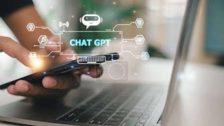 ChatGPT Chat with AI or Artificial Intelligence. Business chatting with a smart AI or artificial intelligence using an artificial intelligence chatbot developed by OpenAI.