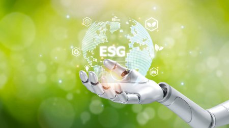 Unidad de mano de robot mecánico de inteligencia artificial que sostiene la tierra con texto ESG, desarrollo mundial de la tecnología de IA, investigación moderna de aprendizaje automático, medio ambiente y concepto de ecología