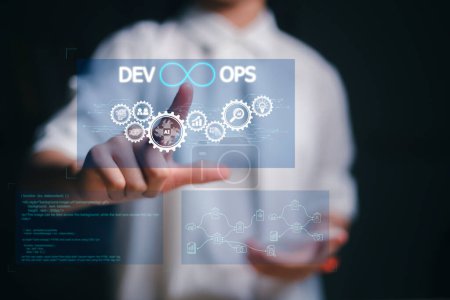Photo for Agile programming and DevOps concept. Engineer working the virtual screen. IT operations, high software quality, and software development. - Royalty Free Image
