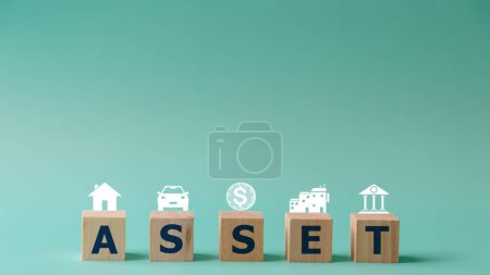 Wooden cubes with assets icon on background, Asset management and financial accounting, House and property investment and asset management, Interest rates, Loan mortgage