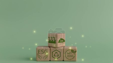 Téléchargez les photos : Concept ESG d'environnement, social et de gouvernance. Entreprise durable et éthique. cubes en bois avec texte ESG entre la main d'affaires à l'icône de la terre verte, y compris l'espace de copie - en image libre de droit