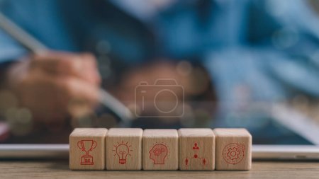 Photo for Soft skills HR concept. wooden cubes with icons of soft skills, emotional intelligence, creativity, collaboration, adaptability, decision-making, and analytical thinking. - Royalty Free Image
