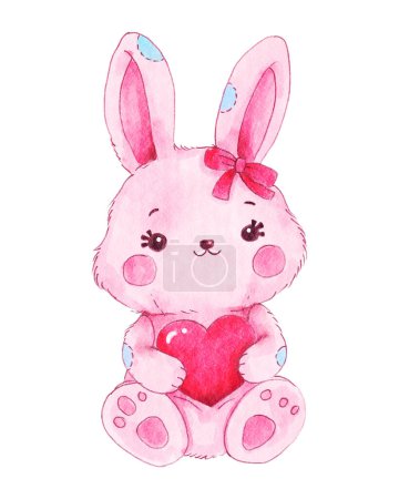Photo for Rabbit doll hug heart . Valentines day object . Watercolor painting elements . Illustration . - Royalty Free Image