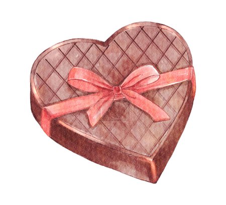 Foto de El chocolate en forma de corazón fue envuelto con lazo rosa. Objeto de San Valentín. Elementos de pintura de acuarela. Ilustración . - Imagen libre de derechos