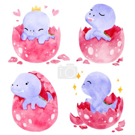 Photo for Baby dinosaurs hatch from eggs . Watercolor paint design . Set 1 of 3 . Illustration . - Royalty Free Image