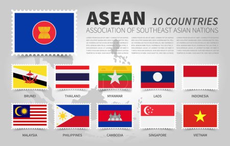 Illustration for ASEAN . Association of Southeast Asian Nations . and membership flags . Flat rectangular stamp design . Vector . - Royalty Free Image