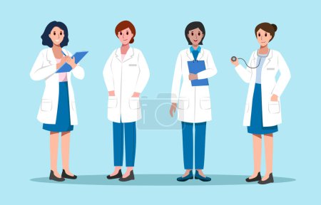 Lady physician with white coat hold chart and stethoscope . Cartoon characters design . Vector .