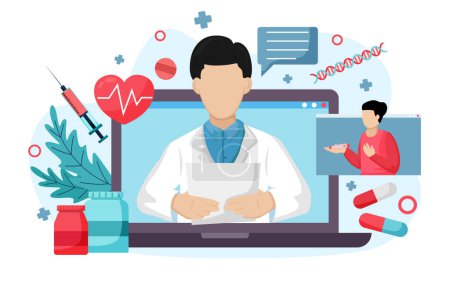 Illustration for Telemedicine . Doctor is consulting with patient by online internet . Flat design . Vector . - Royalty Free Image