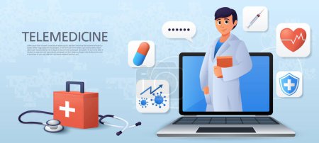 Illustration for Telemedicine . Doctor is consulting with patient by online internet . Copy space at left side . Vector . - Royalty Free Image