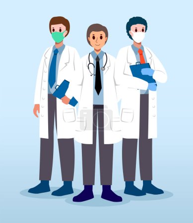 Medical Team . Male doctors with white coat . Cartoon characters . Vector .