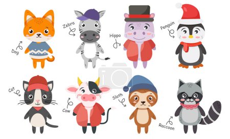 Illustration for Wildlife animals collection . Flat design cartoon characters . Shiba inu dog Zebra Hippopotamus Penguin Cat Cow Sloth bear Raccoon . Vector . - Royalty Free Image