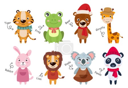 Illustration for Wildlife animals collection . Flat design cartoon characters . Tiger Frog Bear Giraffe Rabbit Lion Koala Panda . Vector . - Royalty Free Image