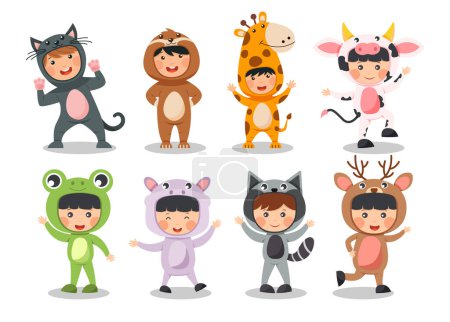 Illustration for Set of happy children is wearing animal costumes . Cat Sloth bear Giraffe Cow Frog Hippopotamus Raccoon Deer . Flat cartoon characters design . Vector . - Royalty Free Image