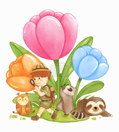 Illustration for Giant tulip flowers with wildlife animals owl raccoon sloth bear and adventure boy . Realistic watercolor paint with paper textured . Cartoon character design . Vector . - Royalty Free Image