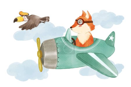 Téléchargez les illustrations : Fox conduit un avion dans le ciel avec Hornbill Bird. Peinture aquarelle réaliste avec du papier texturé. Conception de personnage de bande dessinée. Vecteur . - en licence libre de droit