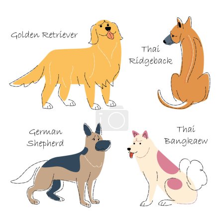 Ilustración de Conjunto de razas de perro 4. Forma plana y diseño de dibujo de línea de lápiz. Vector . - Imagen libre de derechos