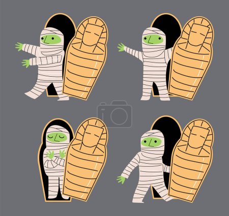 Illustration for Set of cute Mummy and coffin . Halloween cartoon characters . Doodle drawing style . Vector. - Royalty Free Image