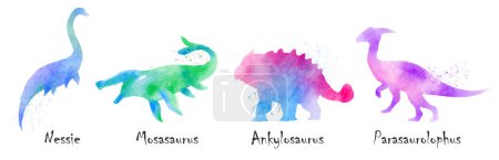 Nessie, Mosasaurus, Ankylosaurus, Parasaurolophus dinosaurs . Colorful silhouette watercolor painting style . Set 4 of 5 . Illustration .