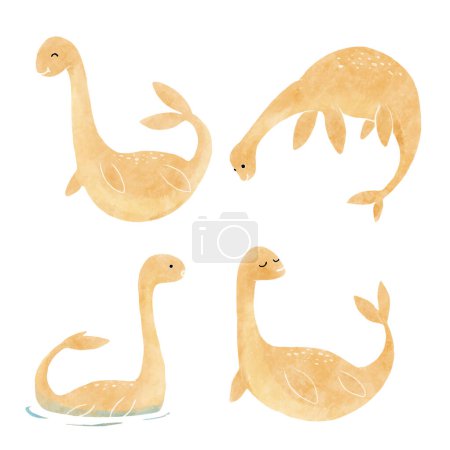 Nessie or Loch Ness Monster . Cute dinosaur cartoon characters . Watercolor paint design . Set 15 of 20 . Vector .