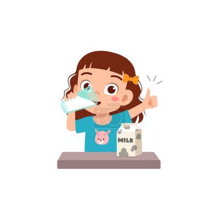 Illustration for Little kid hold and drink a glass of fresh milk - Royalty Free Image