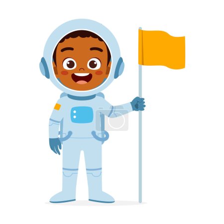 little kid wear astronaut costume and feel happy
