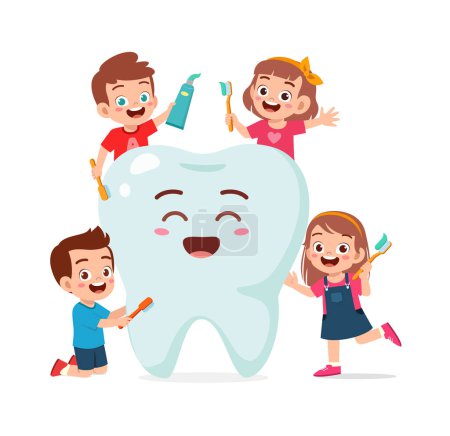 Illustration for Little kid and friend cleaning big tooth - Royalty Free Image