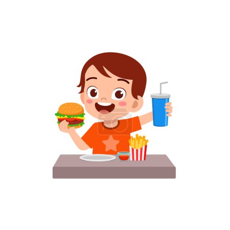 Téléchargez les illustrations : Petit enfant manger hamburger et se sentir heureux - en licence libre de droit