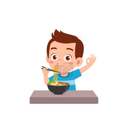 Illustration for Little kid eat ramen and feel happy - Royalty Free Image
